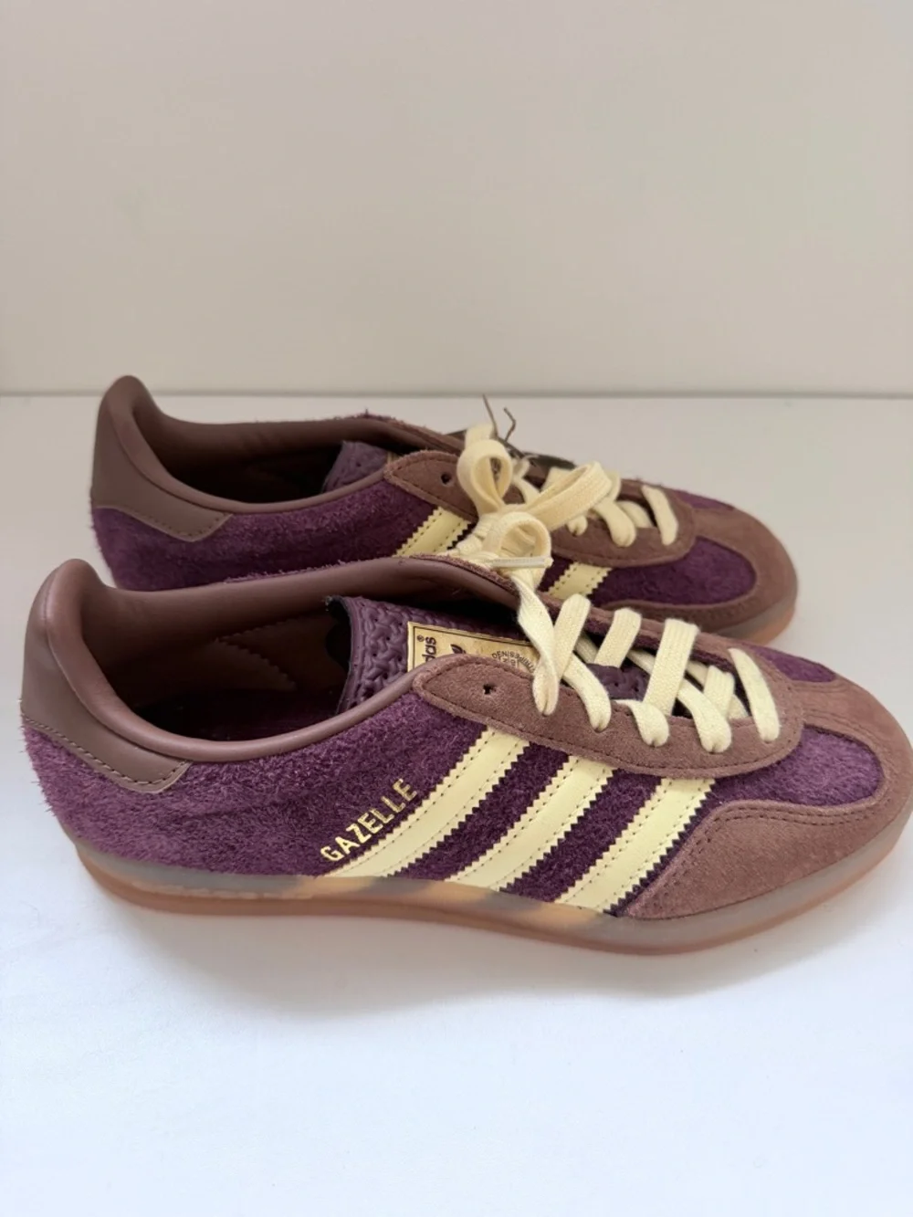 Adidas Gazelle Indoor Plum Burgundy Suede Terry Sneakers Cream Stripes - 5 US - Picture 4 of 11